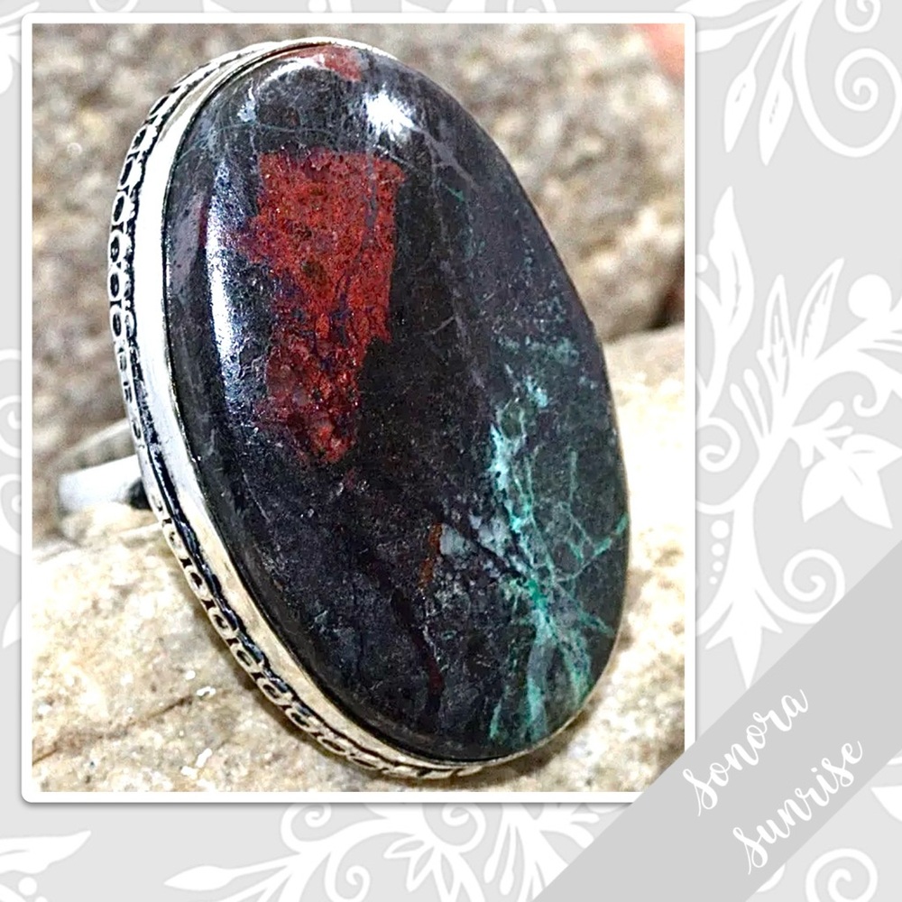 Sonora Sunrise Eclectic Silver Artisan Ring, Sz 8 (Teal Blue-Green, Red, Black)